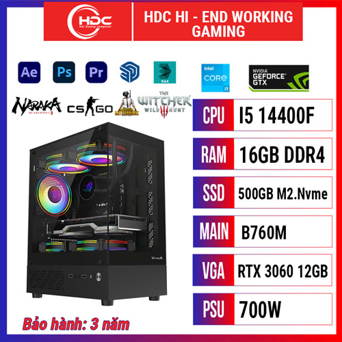 PC HDC HI - END - WORKING-GAMING CPU Intel i5 14400F – RAM 16GB DDR4 – SSD 500Gb M2.Nvme – MAIN B760M – RTX 3060 12GB